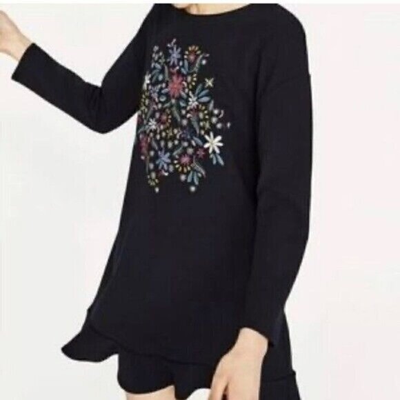 Zara Black Embroidered Floral Sequin Detail Longsleeves Mini Dress Size Medium - Picture 2 of 10